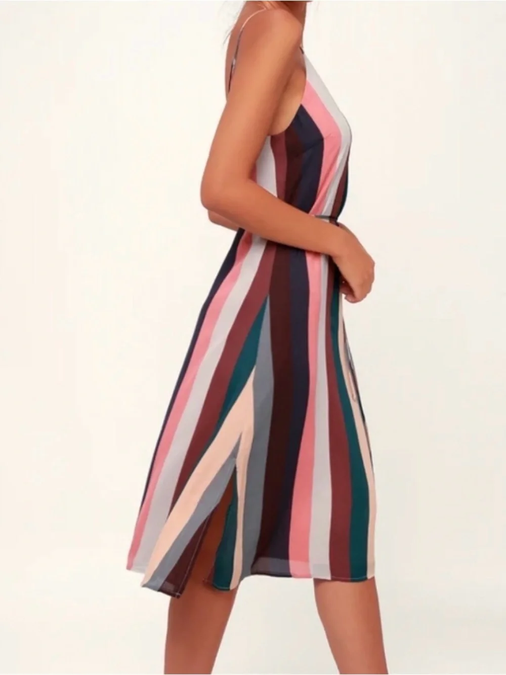 Lulus Erina Mauve Multi Stripe Belted Midi Slip Dress - Medium - Picture 2 of 9